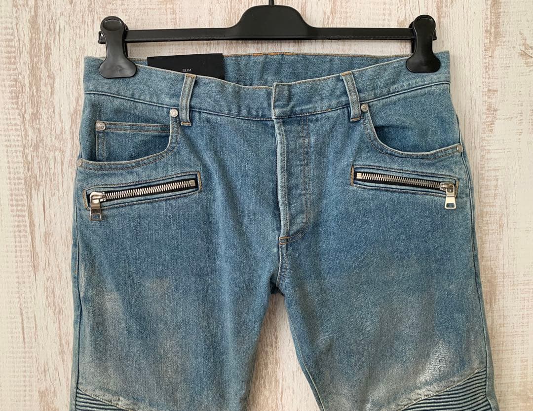 BALMAIN バルマン Biker ZIP シルバー ペイントデニムジーンズ