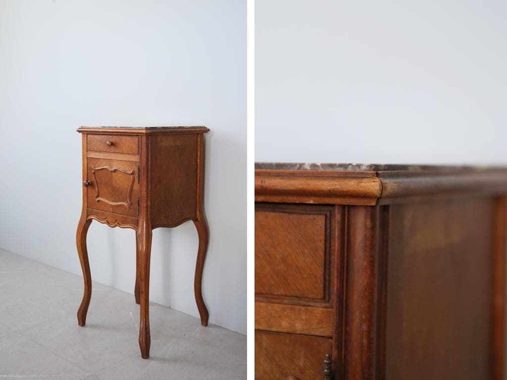 フランスアンティーク木製*大理石キャビネット/ナイトテーブル机(90-4)