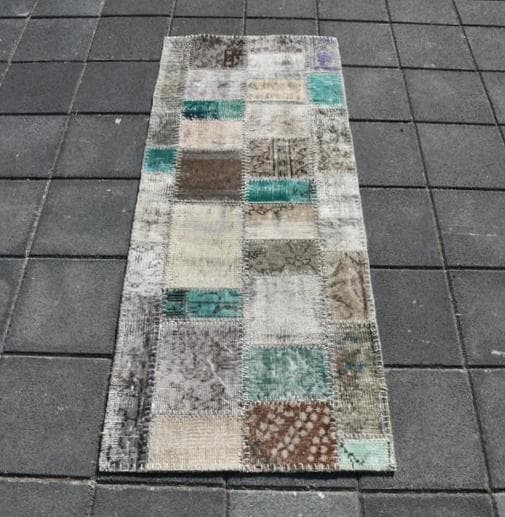 トルコ ヴィンテージラグ A29 高級 レア ターコイズ グレー パッチワーク