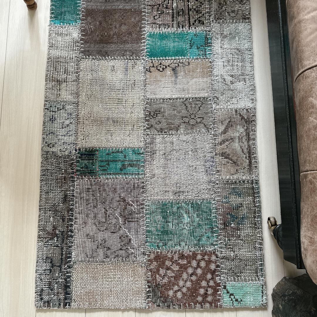 トルコ ヴィンテージラグ A29 高級 レア ターコイズ グレー パッチワーク