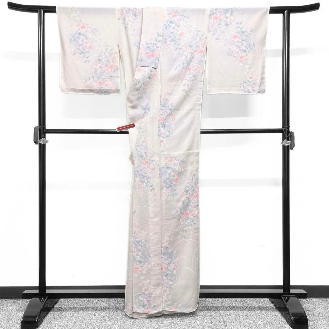 夏用　小紋　絽　花模様　パープル系　着物　042w d