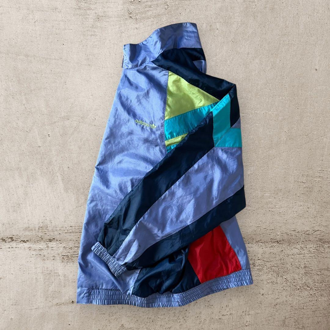 希少80sアディダスナイロンジャケットトレフォイル刺繍ロゴ好配色Y2Kレトロ古着