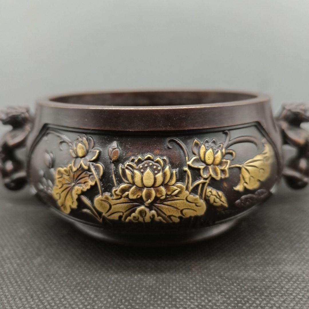 銅器 貔貅ふたつ耳蓮花葉香炉 仏堂供養炉 挿し香炉 香道具 装飾品 工芸品 置物