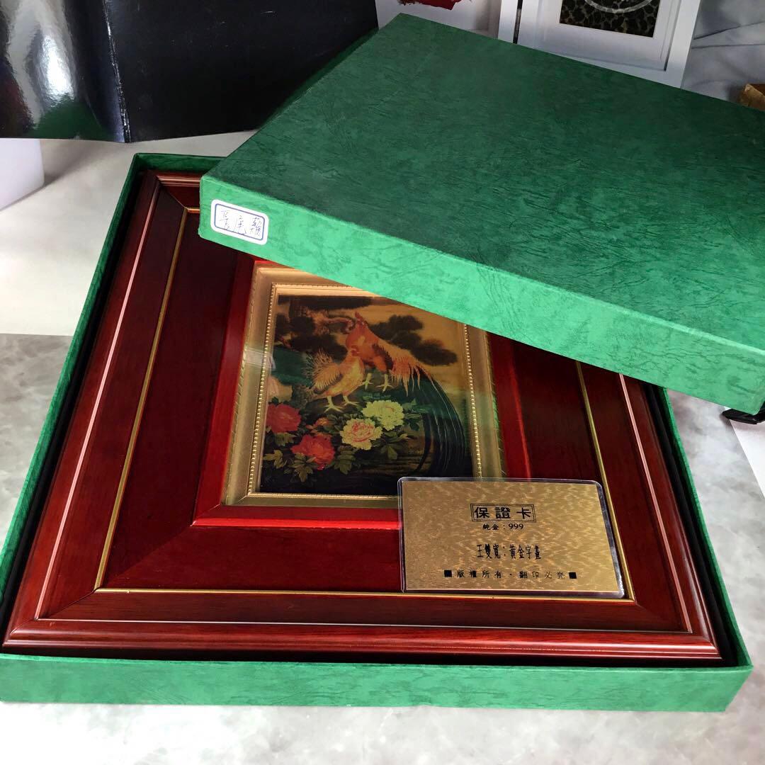 純金 ９９９ Ｋ２４ 尾長鶏 松 牡丹 額縁 GOLD縁起物 ROEN joy