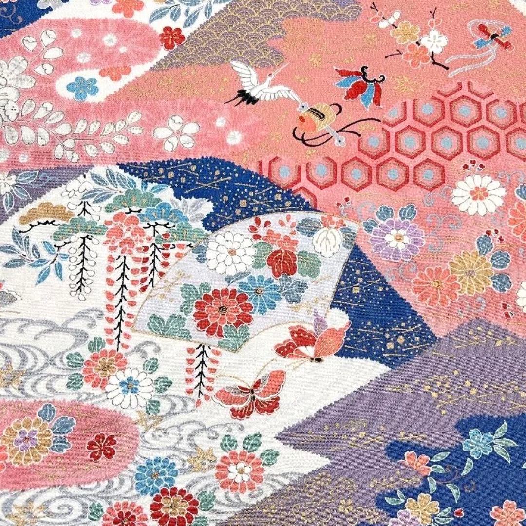 反物　着尺　ちりめん　花車　辻ヶ花　扇　鶴　蝶　花模様　金彩　着物　092a u