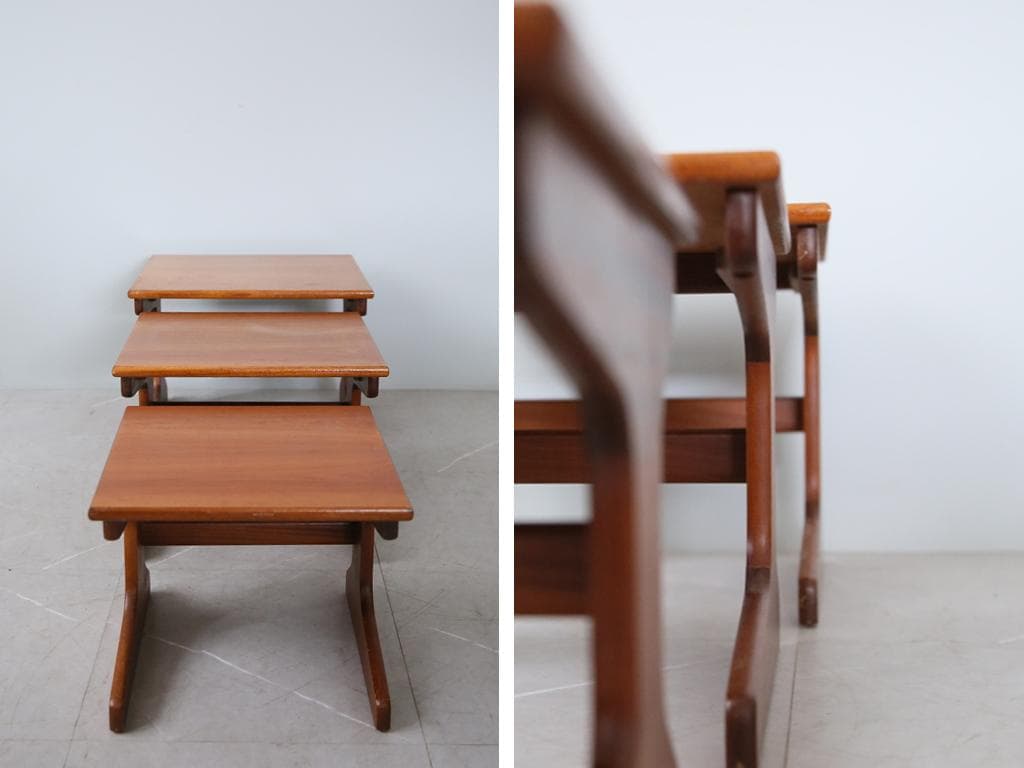 英国アンティーク木製ネストテーブル3台/収納式机/サイドテーブル(88-151)