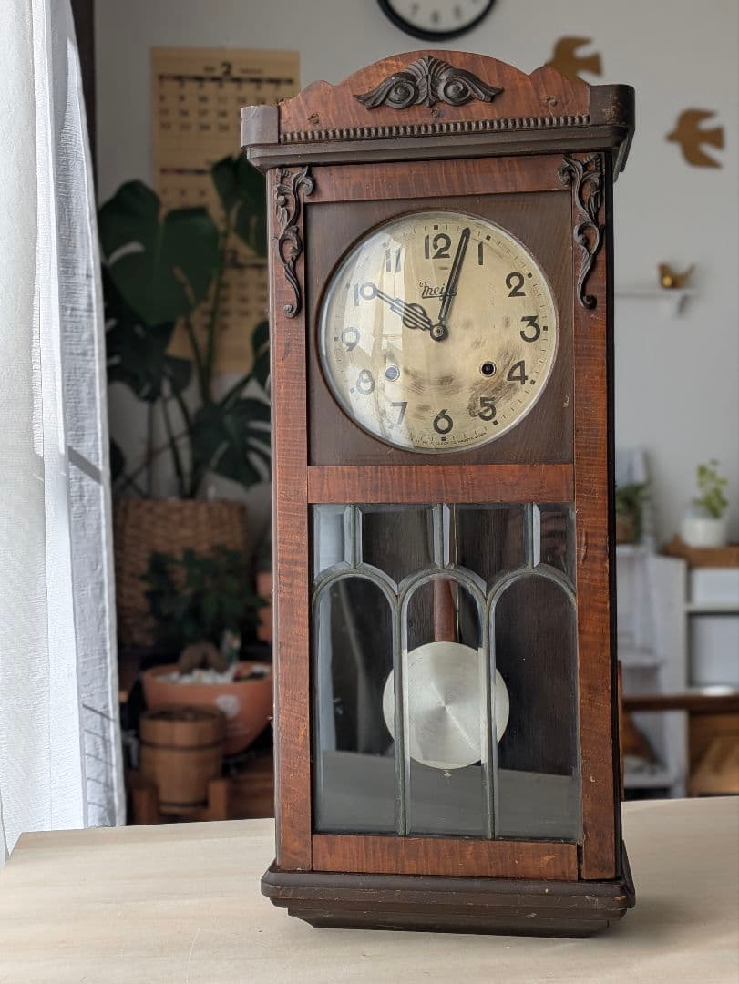 木製　アンティーク　昭和レトロ　柱時計　振り子時計　ゼンマイ式　壁掛け時計