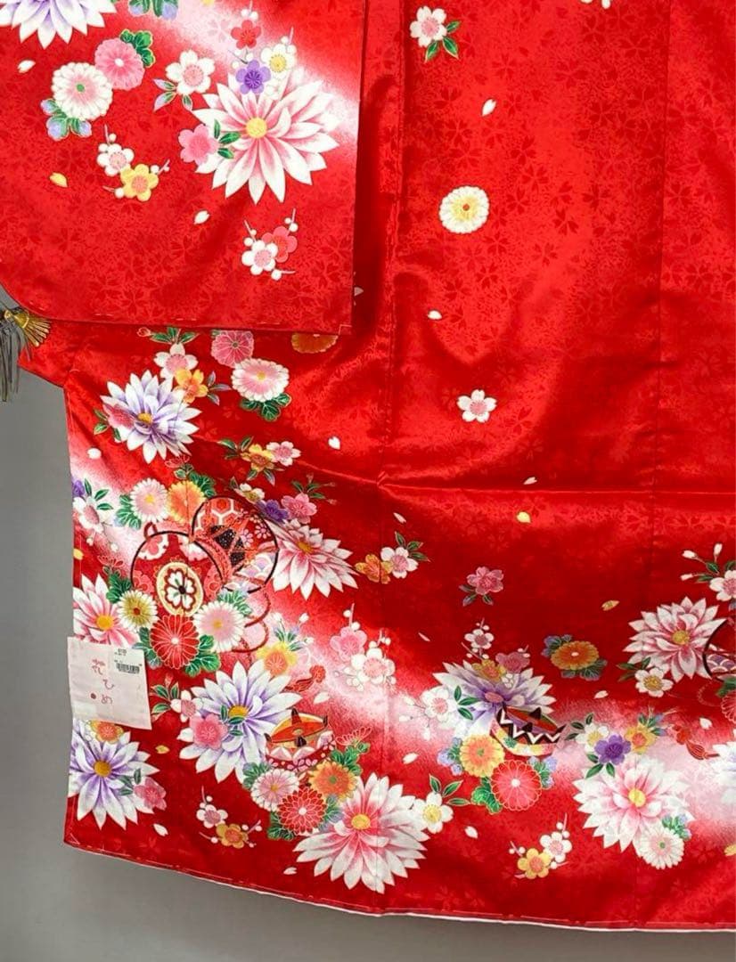 新品 四つ身 着物 15 赤 ポリエステル 七五三 長襦袢付き こども