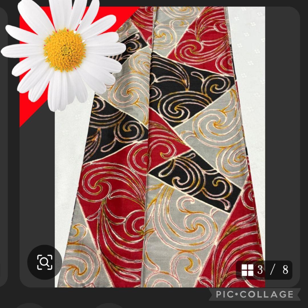 アンティーク銘仙着物【赤黒金グレー 渦巻き（唐草）模様】新品未使用（しつけ糸付）