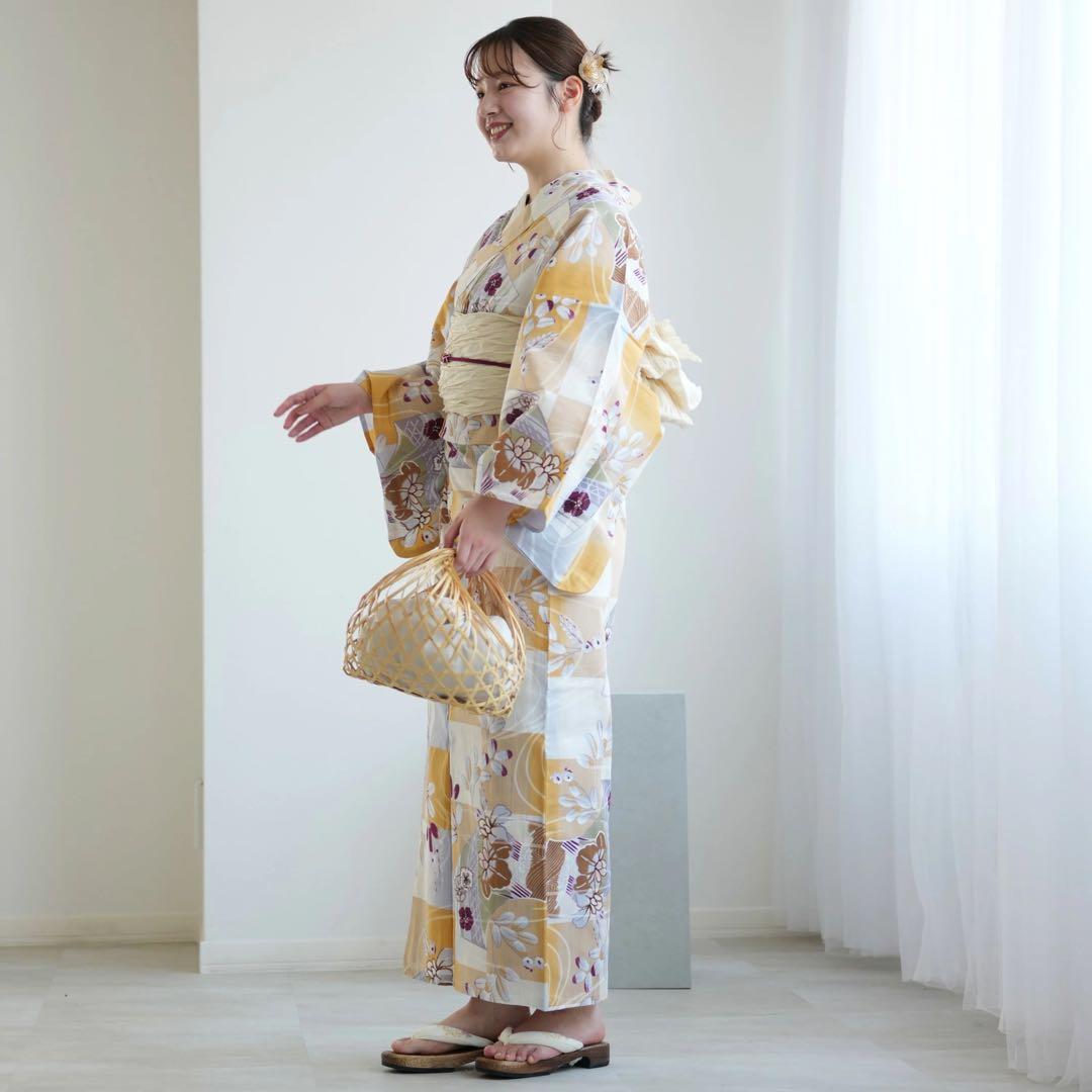 ★新品 3L4L5L 浴衣2点セット utatane からし市松に菖蒲 萩 撫子