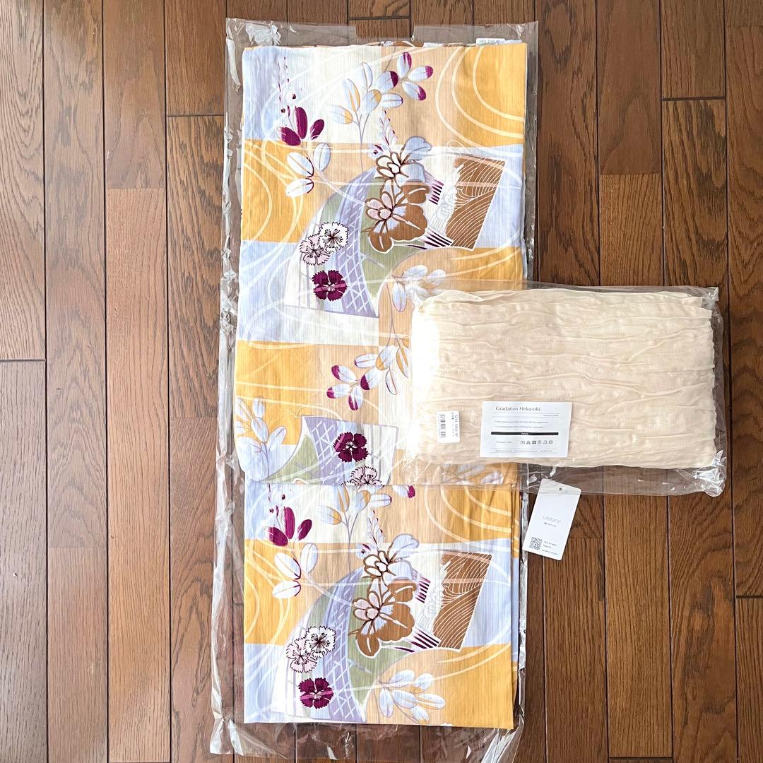 ★新品 3L4L5L 浴衣2点セット utatane からし市松に菖蒲 萩 撫子