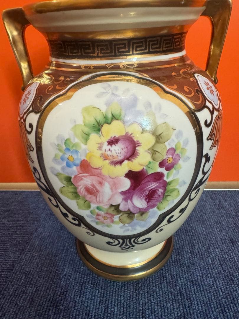 1842 オールドノリタケ　双耳花紋花瓶  時代物