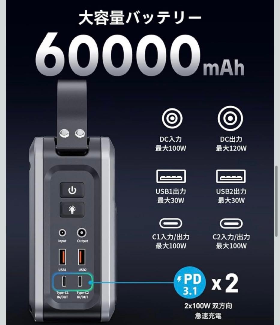 ポータブル電源 小型 ポタ電 大容量 60000mAh 同時最大出力268W 蓄