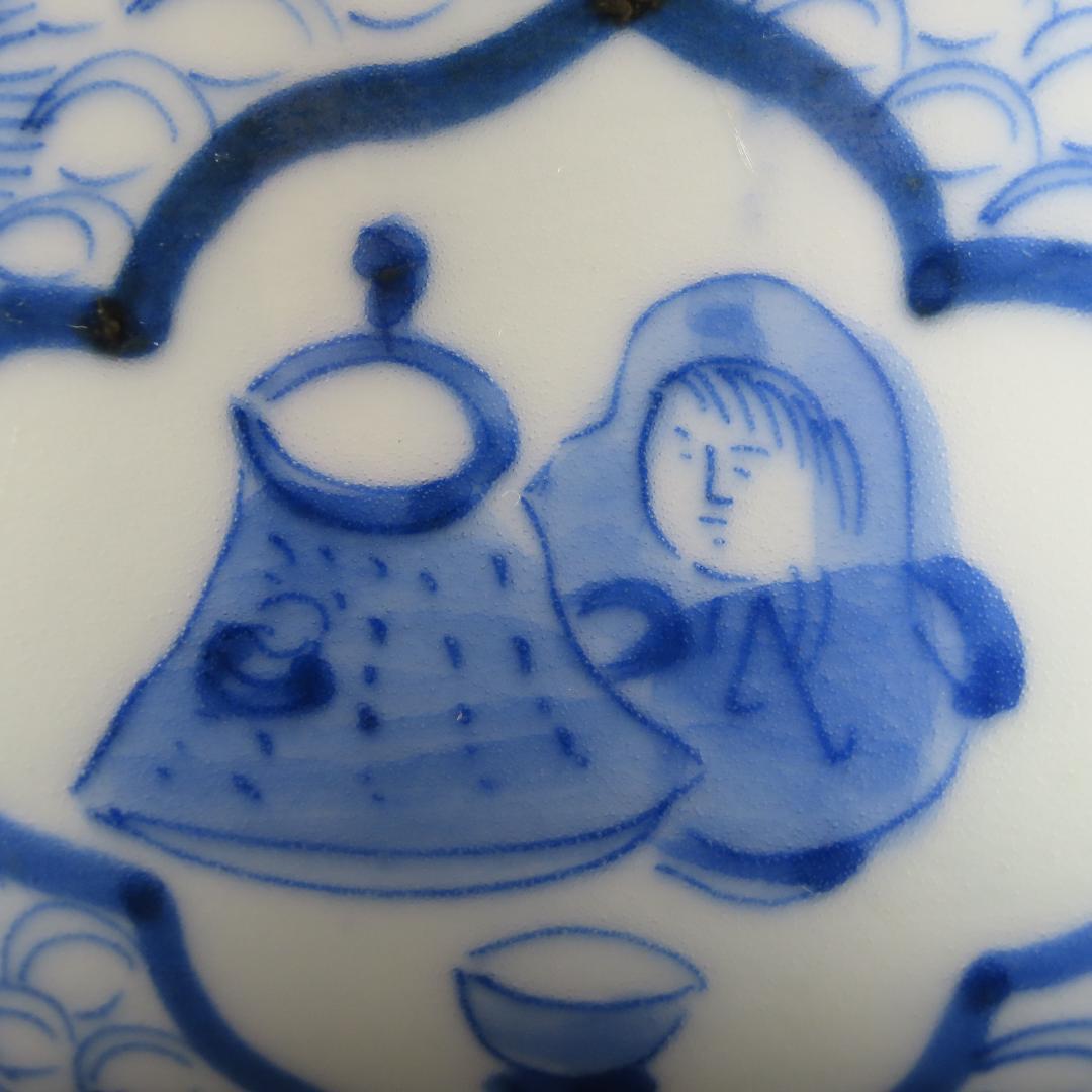 ⭕117 古伊万里 染付 猪口 茶碗５個 茶坊主と茶道具茶碗茶釜図 無傷江戸時代