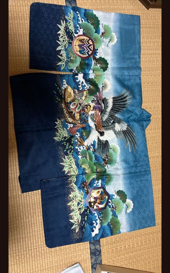 1回着用のみ 5歳男児 七五三着物セット 紺色 伝統的デザイン