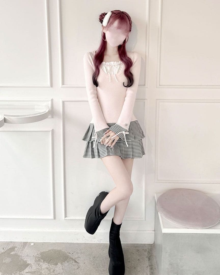 HONEY MEW　千鳥プリーツドッキングワンピース　ピンク　XS　ハニーミュウ