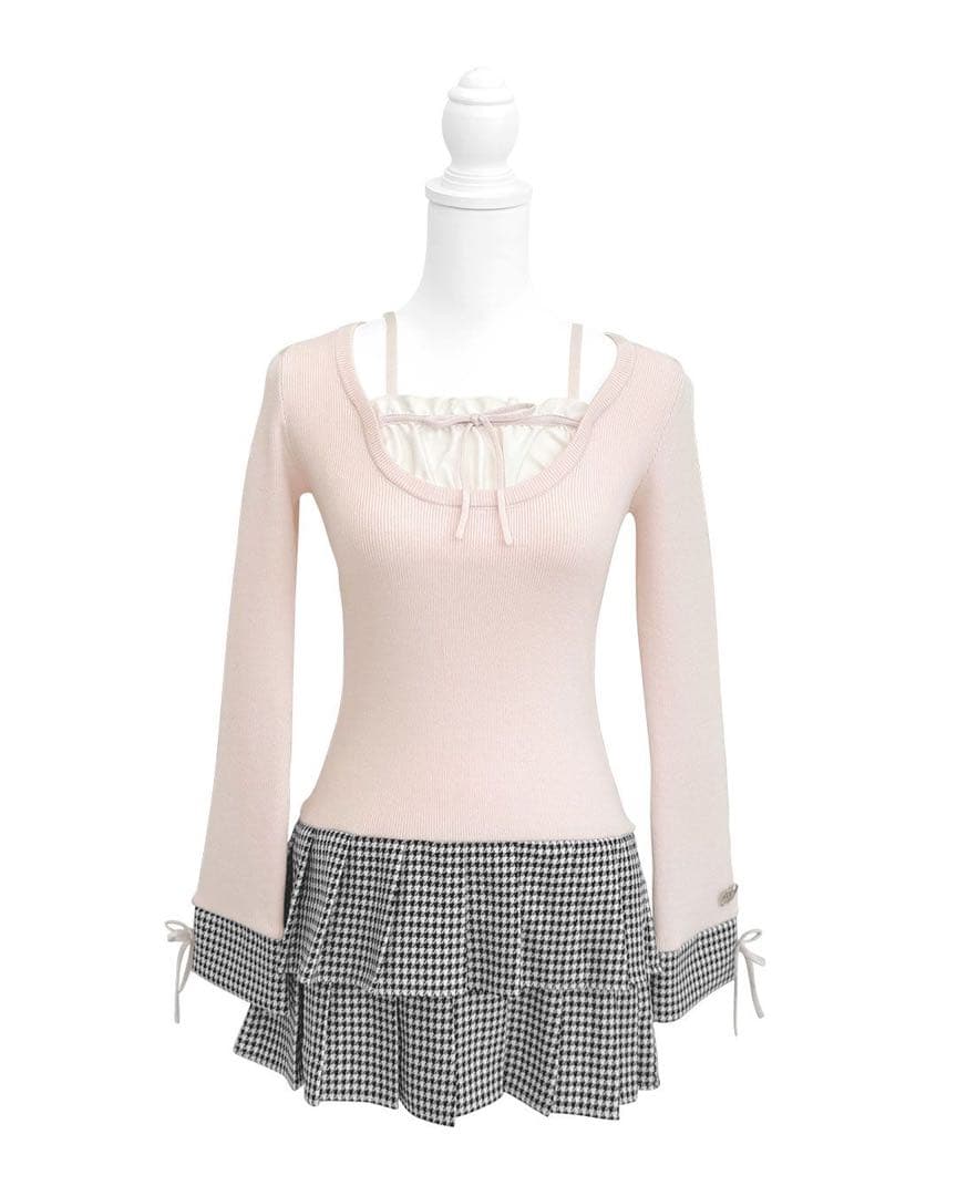 HONEY MEW　千鳥プリーツドッキングワンピース　ピンク　XS　ハニーミュウ