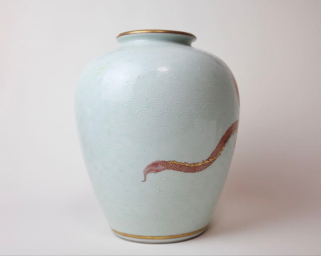 九谷焼 榮山 青海波 赤絵 龍 辰 花瓶 茶道具