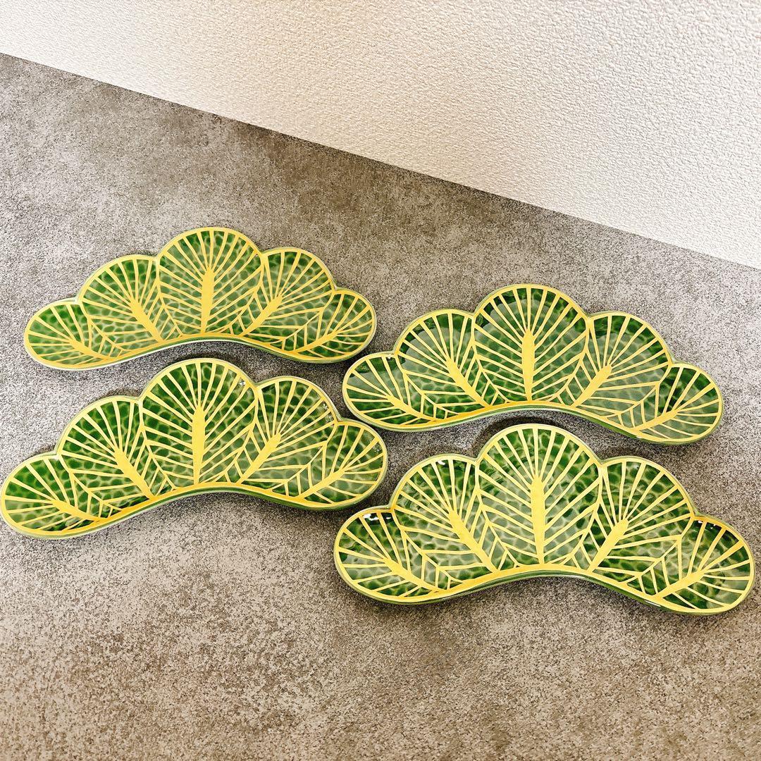 うにっこご依頼品リピ割　幸楽窯　錦金松葉形前菜皿　茶緑金　4点セット