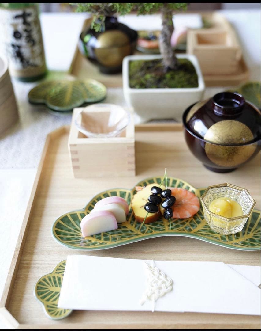 うにっこご依頼品リピ割　幸楽窯　錦金松葉形前菜皿　茶緑金　4点セット