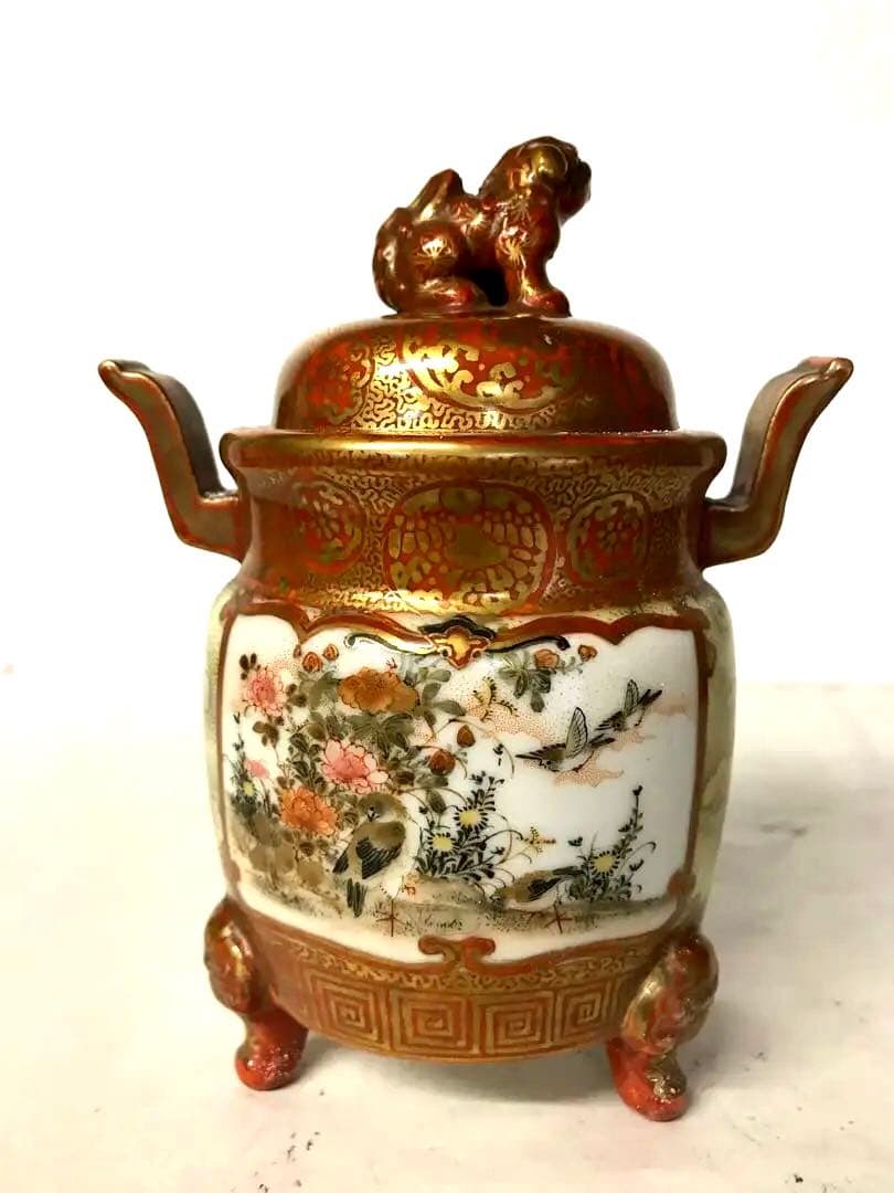 九谷焼:赤絵寸胴形香炉(鏑木製)