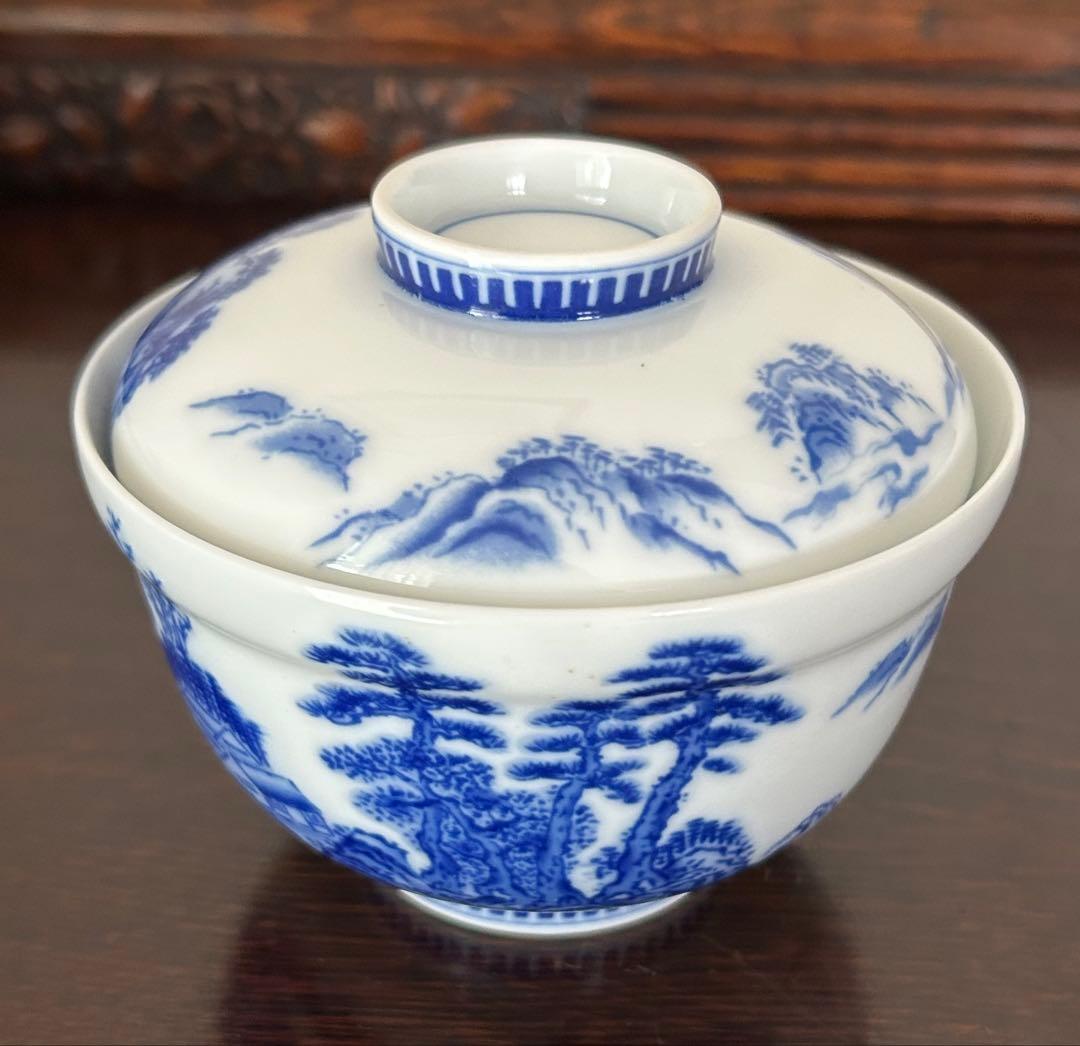 香蘭社　染付山水　蓋付煮物椀　5客