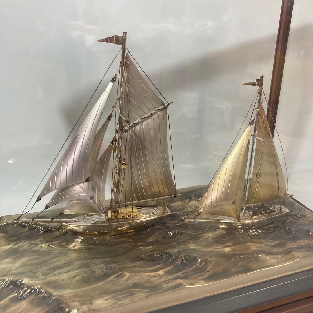 希少 2隻　シルバー製の帆船置物 ガラスケース付き　船　計124g 断捨離