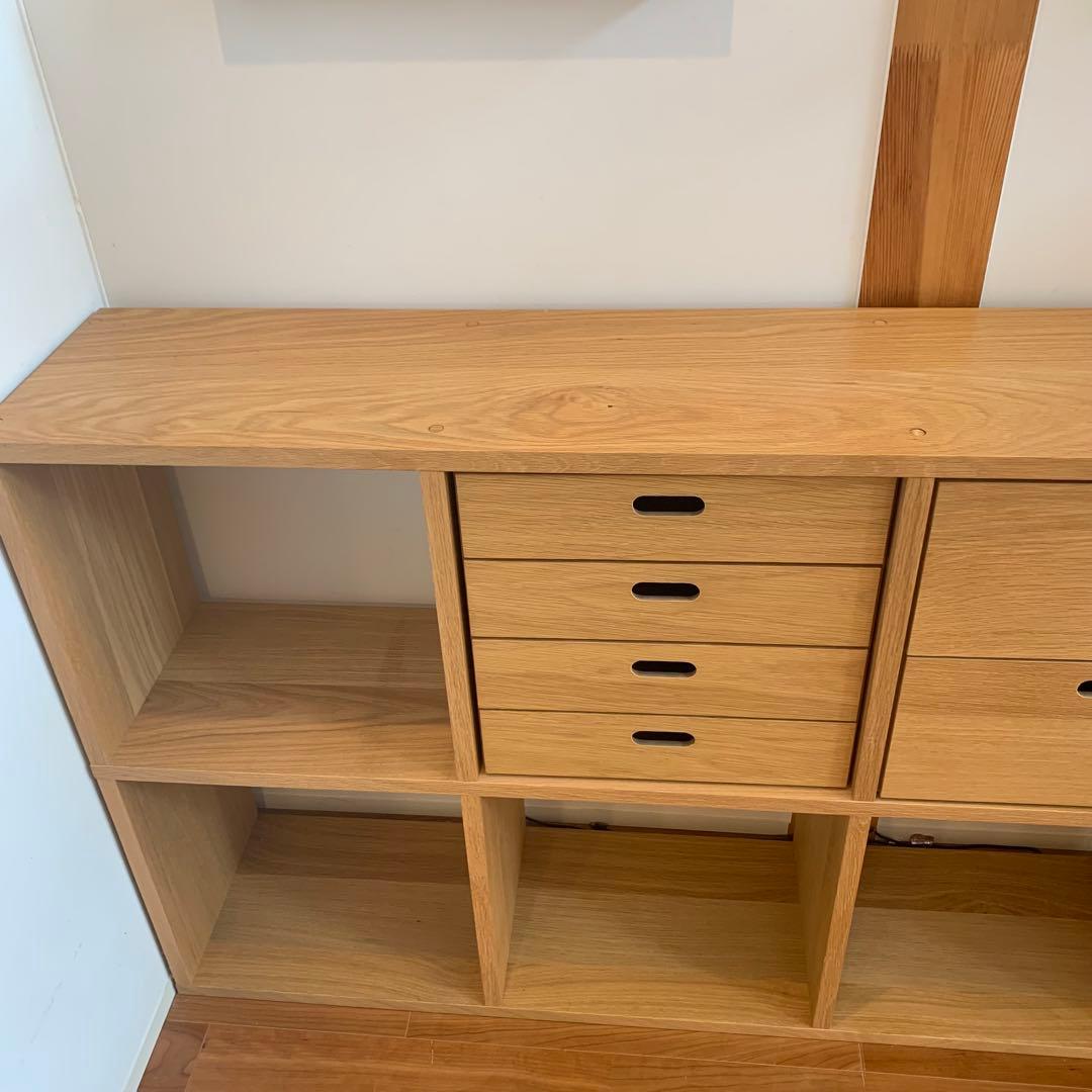 【くまこ•×•】無印スタッキングシェルフ　5段×2列オーク材＋チェスト3つ