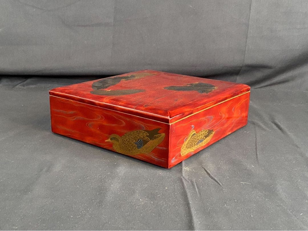 時代漆器 金銀 鴨蒔絵 紅溜 五段重箱 二枚蓋 共箱 木製 / 輪島塗