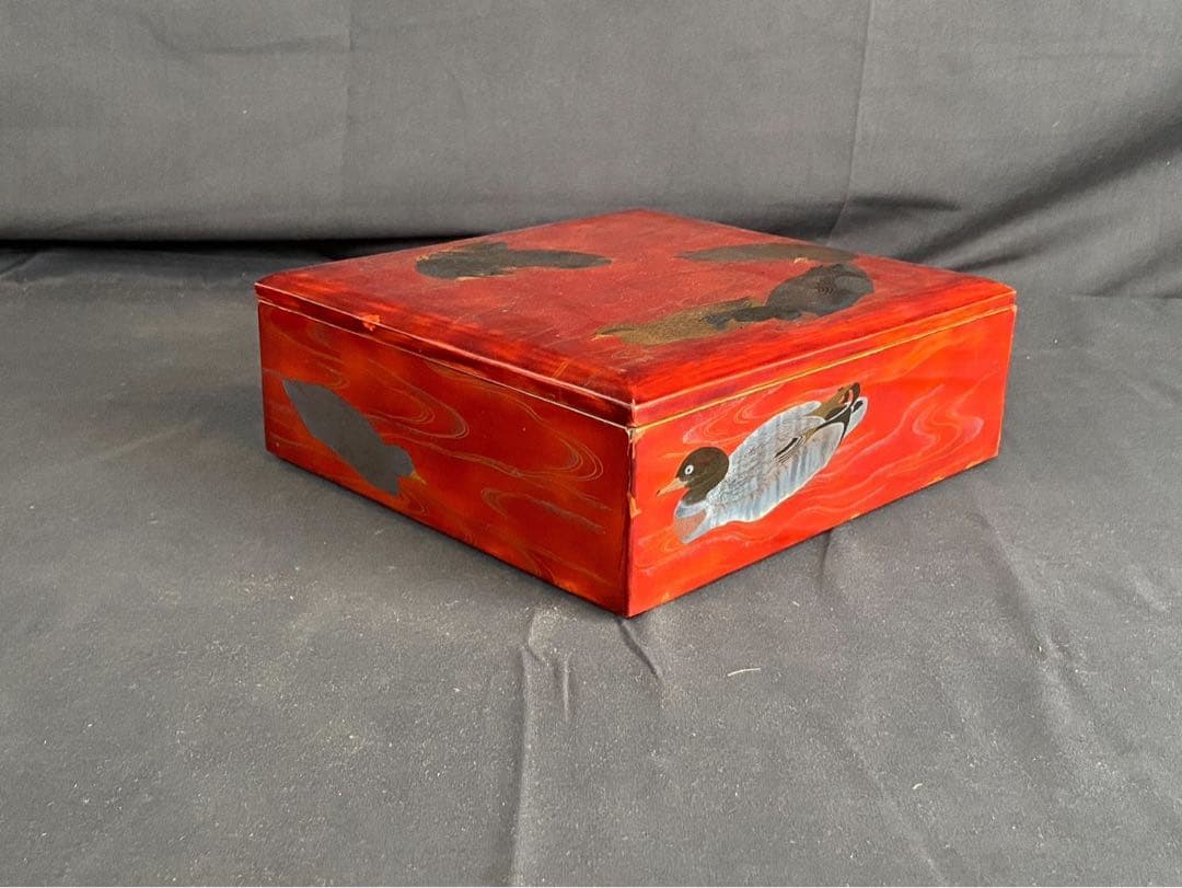 時代漆器 金銀 鴨蒔絵 紅溜 五段重箱 二枚蓋 共箱 木製 / 輪島塗