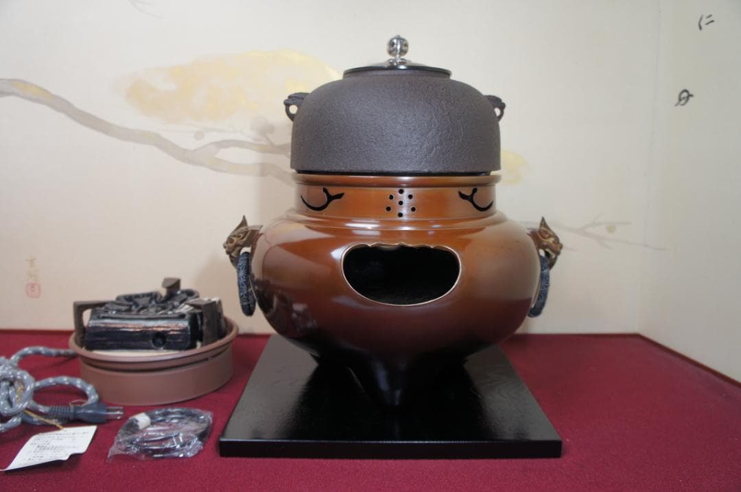 ☆美品 在銘 南鐐(銀)摘み真形釜添え 唐銅鬼面風炉 500W 電熱器送料込み
