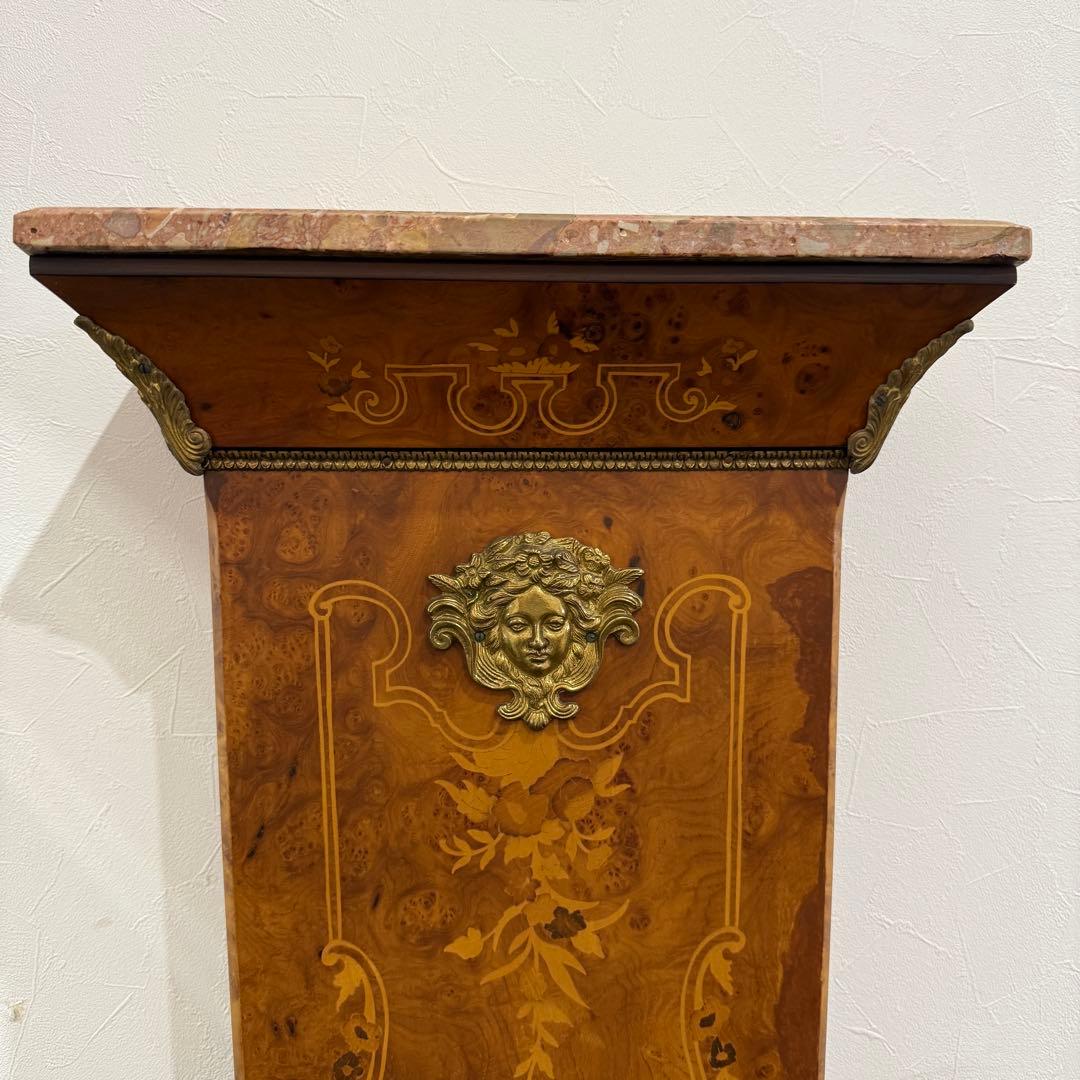 スペイン製　アンティーク　時計台　花台　真鍮　象嵌　大理石