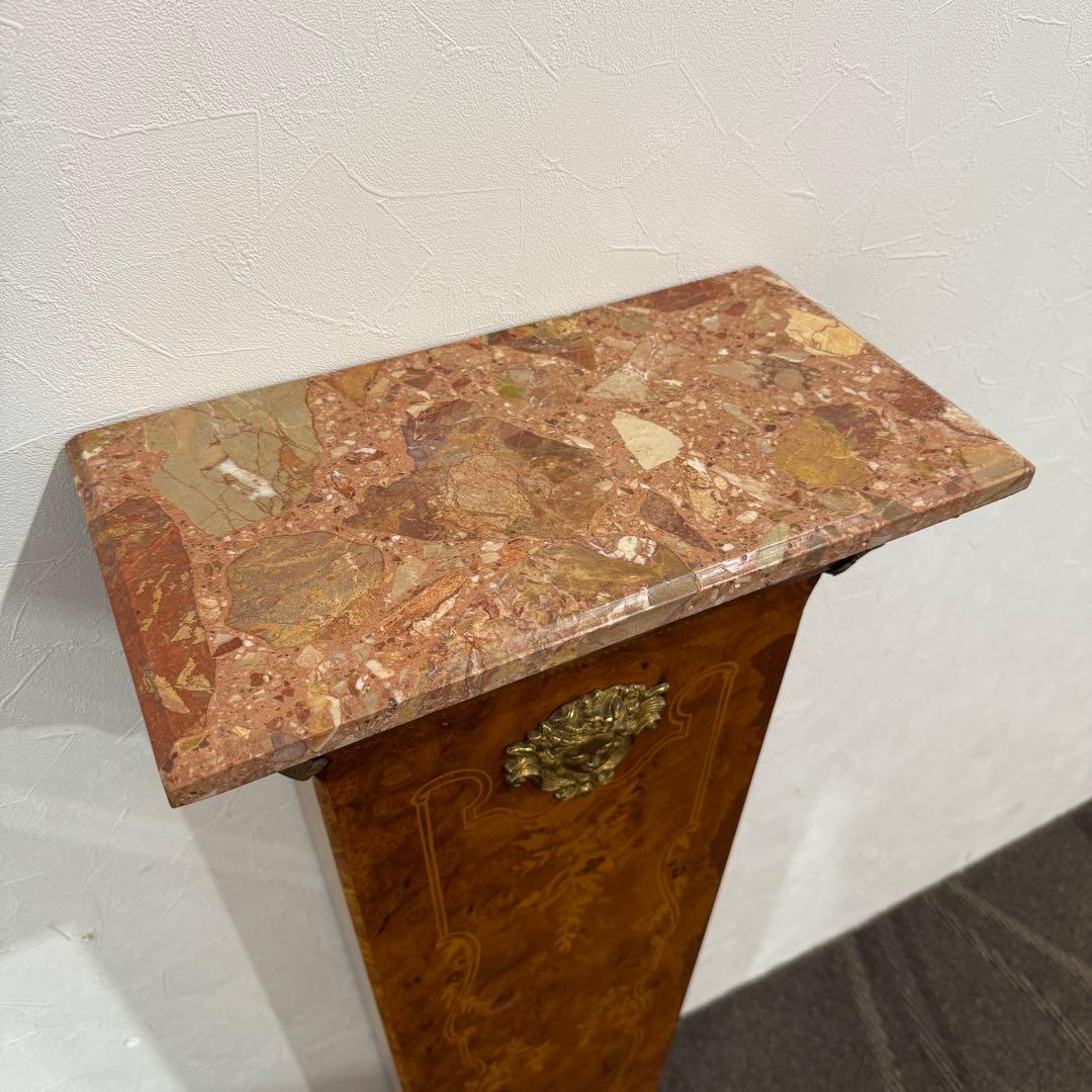 スペイン製　アンティーク　時計台　花台　真鍮　象嵌　大理石