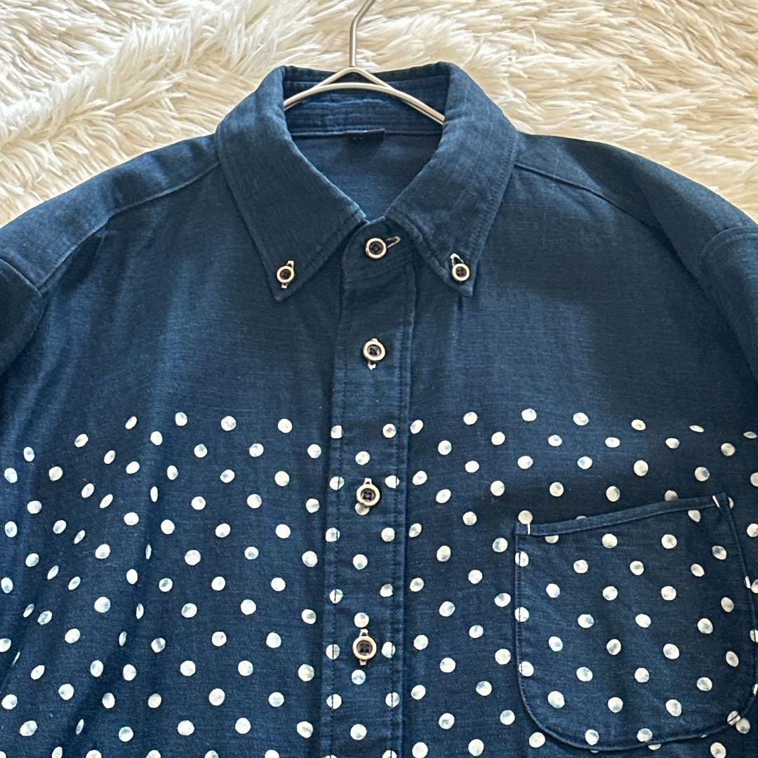 美品 45R インディゴ抜染ドット ボタンダウンシャツ 粟サテン 水玉 バスク