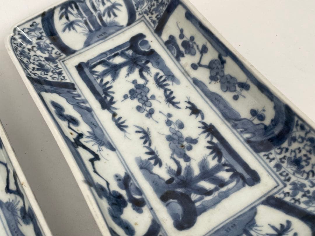 骨董　アンティーク　古伊万里　染付　松竹梅図　長方皿　長皿　鮎皿　向付