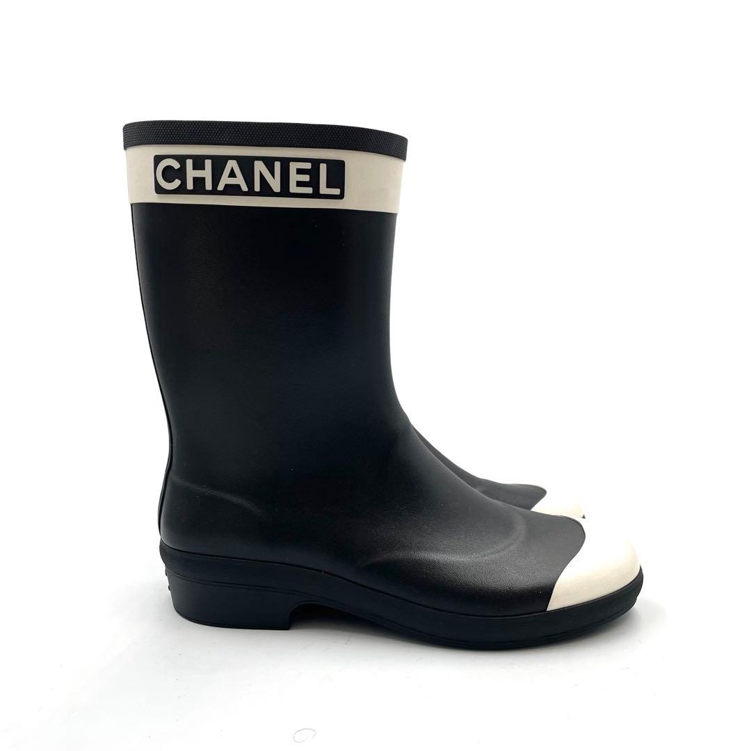 《未使用級》CHANEL シャネル レインブーツ ココマーク バイカラー 白黒