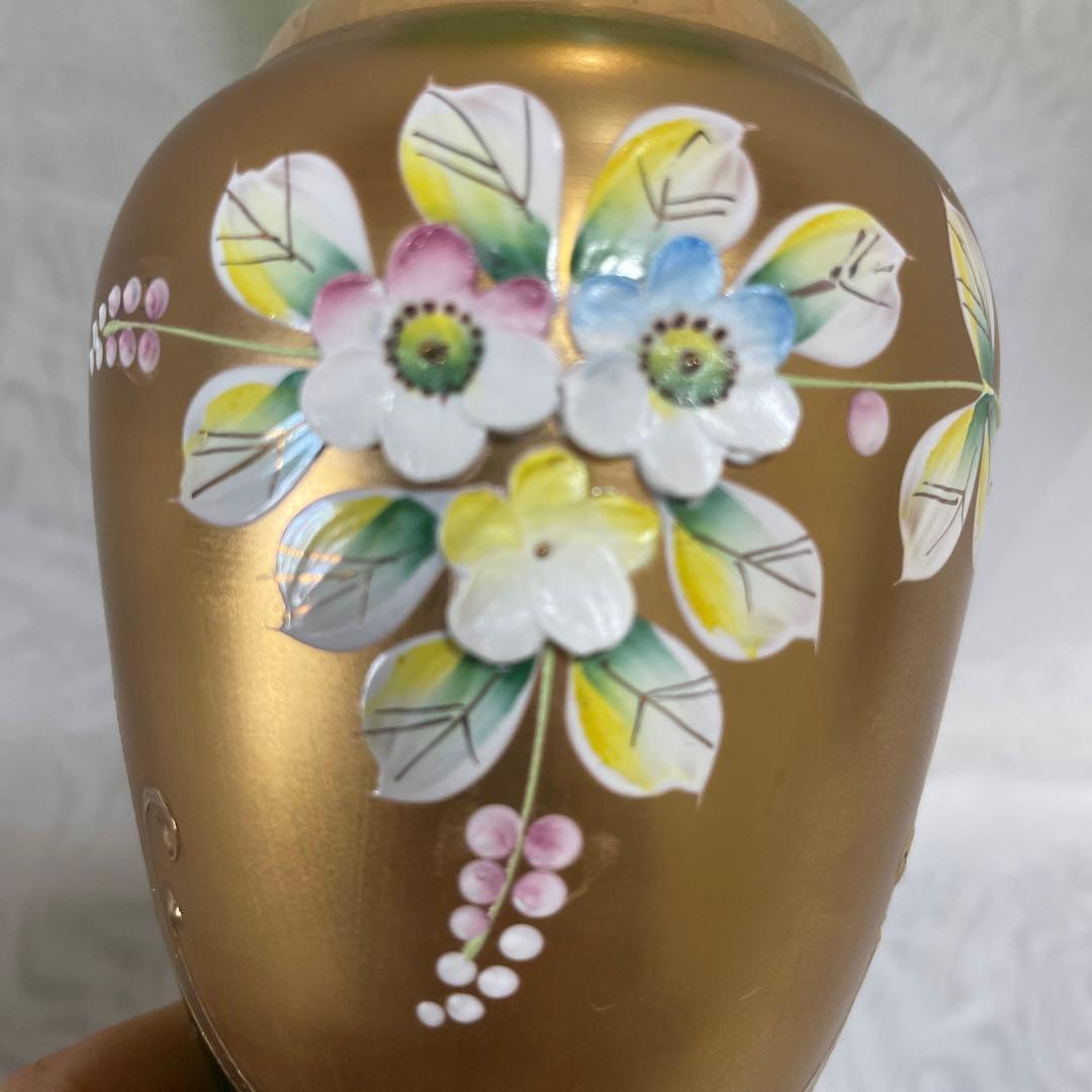 ベネチアングラス　花瓶　ハイエナメル　金彩　立体　グリーン　浮き彫り花　ムラーノ