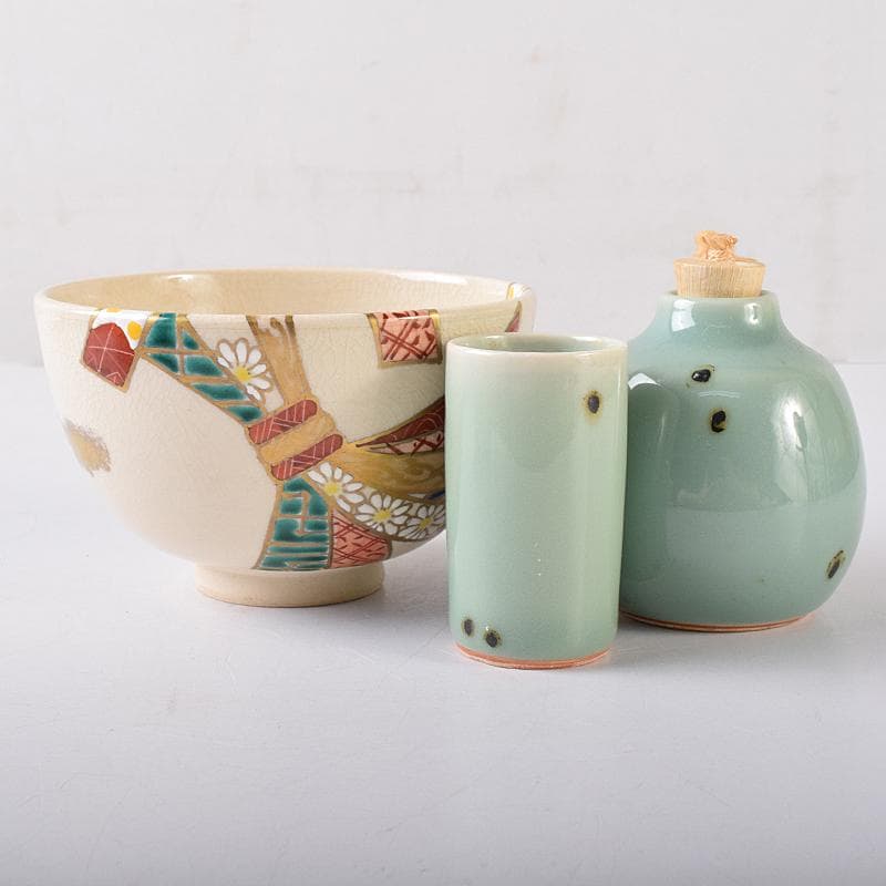 茶道具　利休茶箱　京焼　川添寿楽造　茶碗　飛青磁振出など　九点一式　VR8704