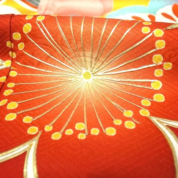 振袖 着物 金彩加工 地紋 黄色 紺色 松竹梅 裄66 Ｌ 中古 sn1462