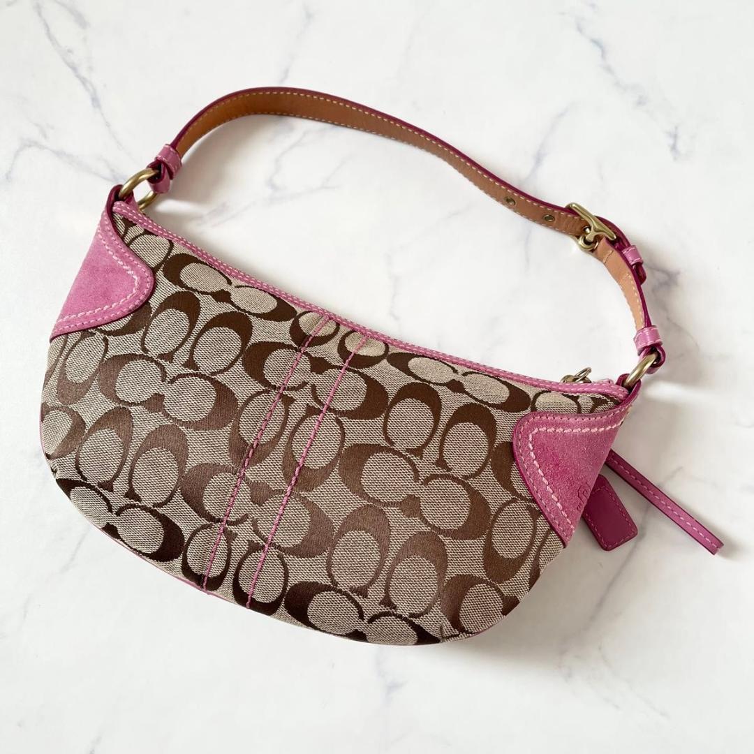 コーチ シグネチャー ワンショルダー キャンバス スエード ベージュ ピンク