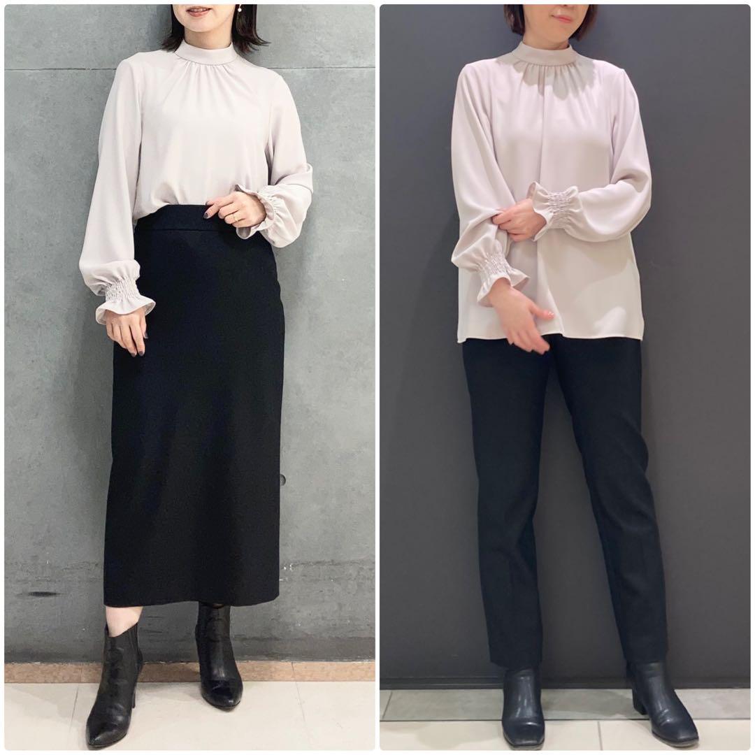 theory luxe 23SS 袖口ギャザースタンドカラーブラウス　グレージュ