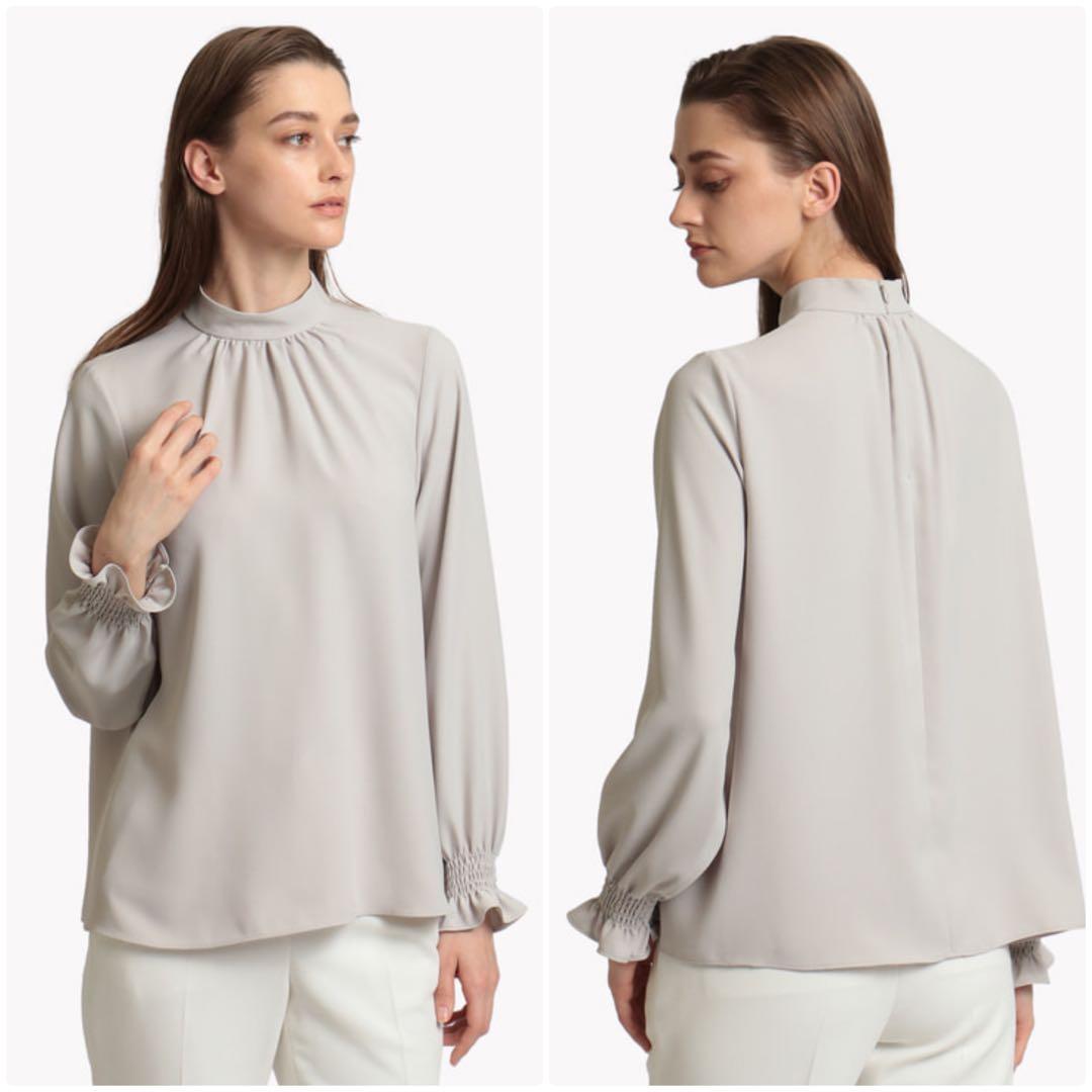 theory luxe 23SS 袖口ギャザースタンドカラーブラウス　グレージュ