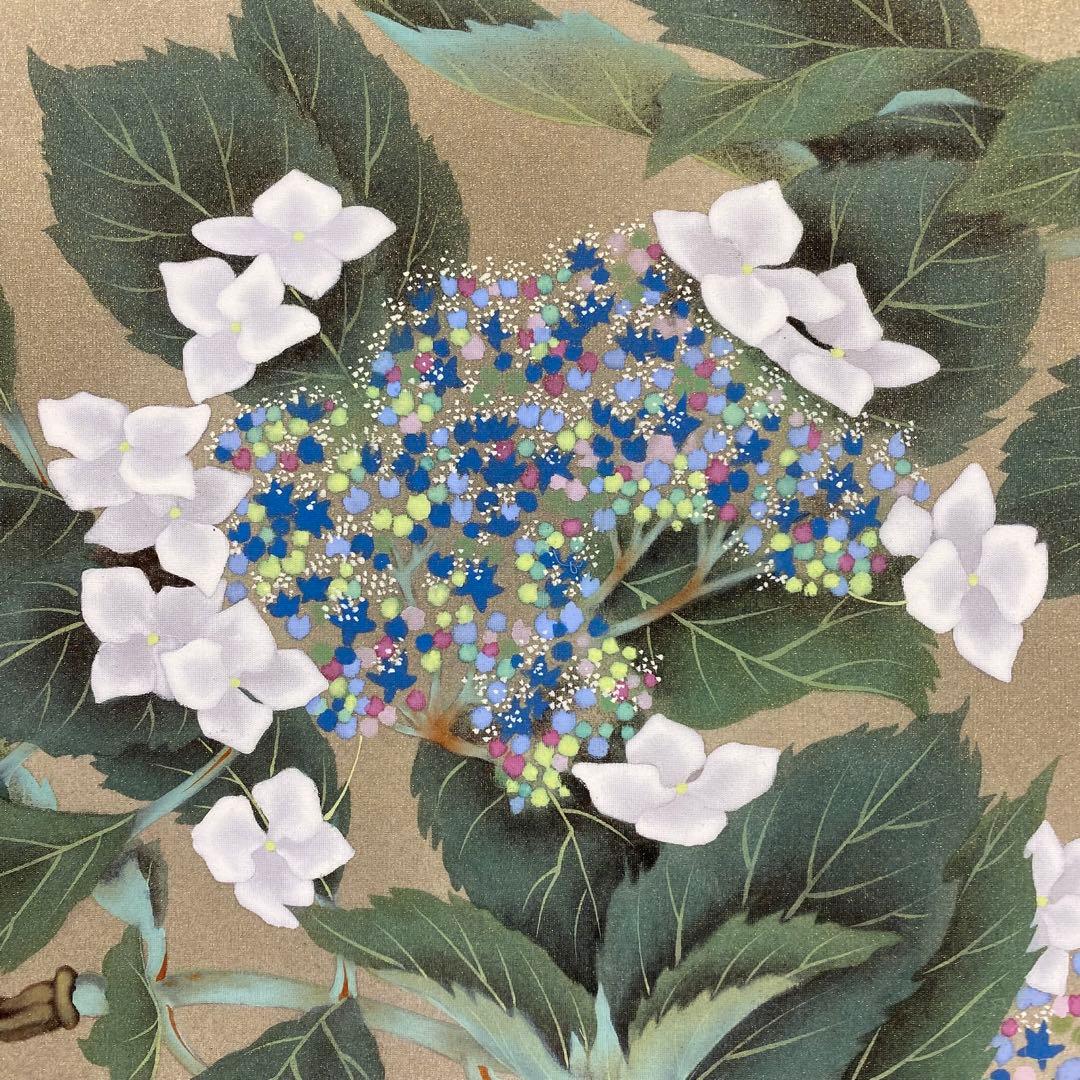 美品 掛け軸 長崎越葉作 紫陽花図 共箱 太巻き付 おもてなし