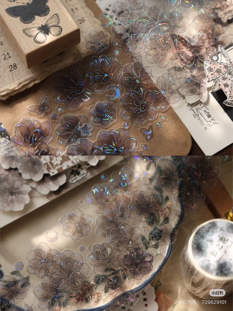 【9483】海外　5m巻　貝殻光カッティングマスキングテープ　半透明　お花系