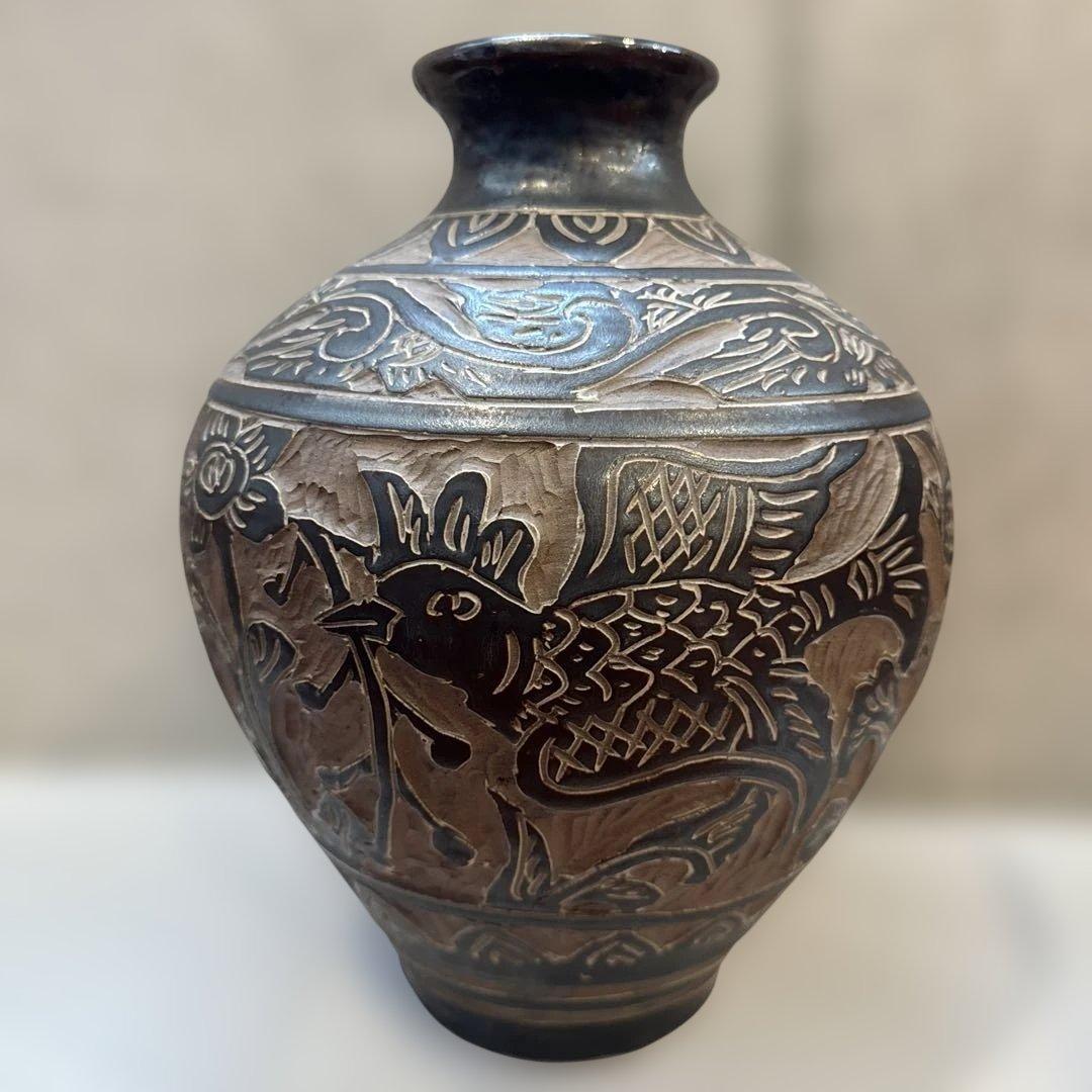 壺屋焼.島袋常明.エジプト紋.掻き落とし.大壺.やちむん.銘あり