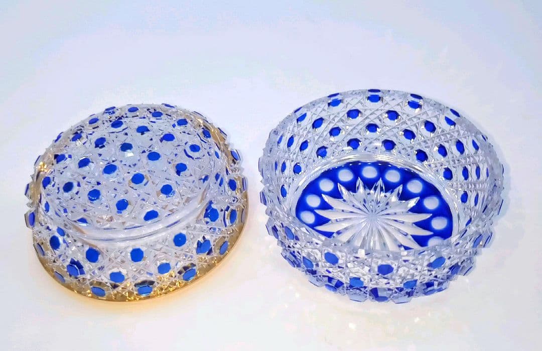 【誠】堀口硝子 須田秀石作 江戸切子 瑠璃被籠目文 蓋物 ボンボニエール