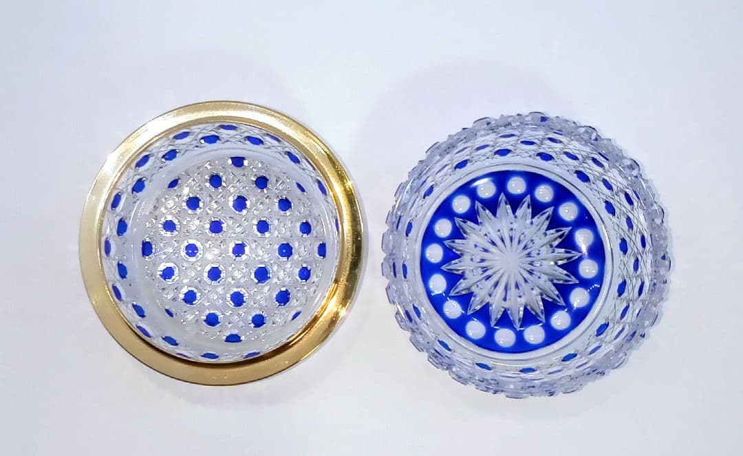 【誠】堀口硝子 須田秀石作 江戸切子 瑠璃被籠目文 蓋物 ボンボニエール