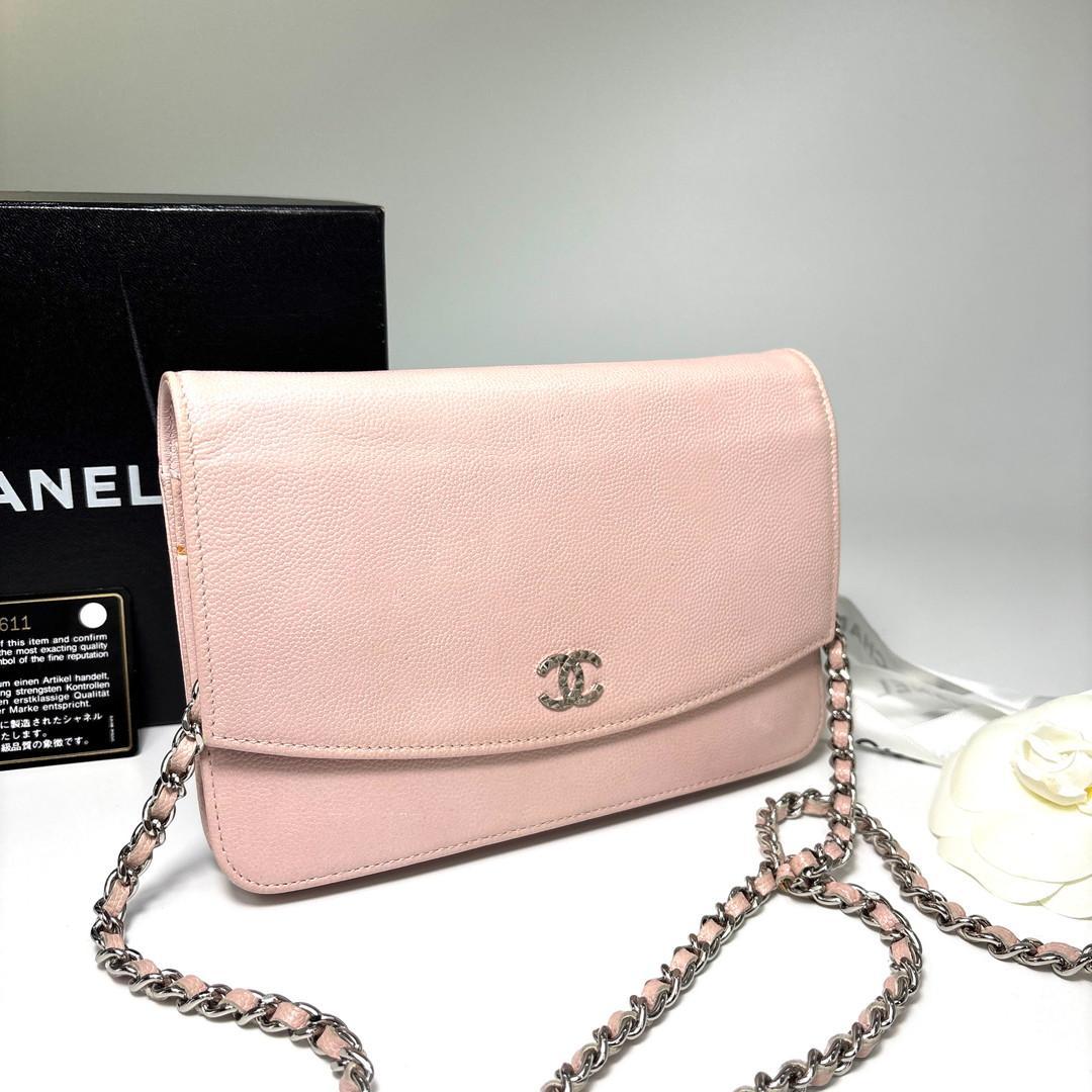 超極美品 シャネル キャビアスキン チェーンウォレット ピンク ショルダーバッグ