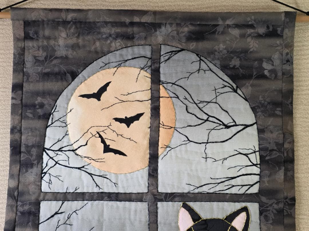 ハンドメイド ステンドグラスキルト タペストリー　ハロウィン ナイト