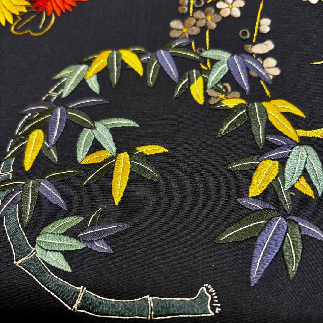 名古屋帯　九寸名古屋帯　濃紺に花丸　刺繍　開き名古屋　長さ366 o1588